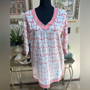 ECOACCENTS CASUAL BEACH POOL NAUTICAL ANCHOR PEACH & WHITE TUNIC COVERUP SZ M
